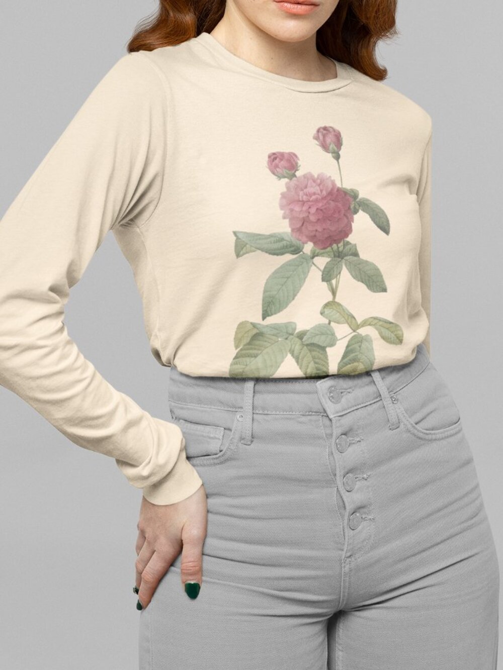 Rose Vintage Floral Print Long Sleeve Graphic Tee T-shirt S-XXL